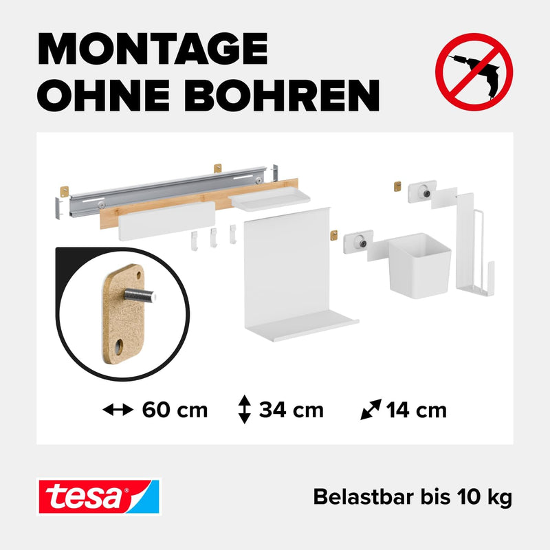 tesa Küchen-Organizer Kombi-Set L - selbstklebende Küchenleiste mit Kräutertopf, 2 Ablagen, Messerha