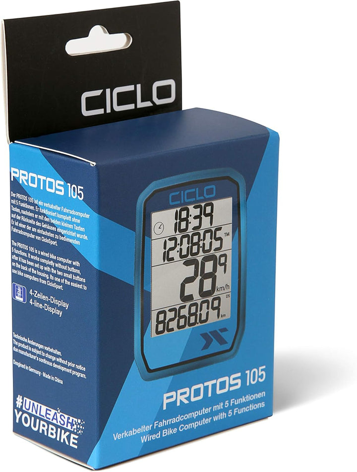 CICLO PROTOS 105 verkabelter Fahrradcomputer, mit 5 automatischen Funktionen Blau, Blau