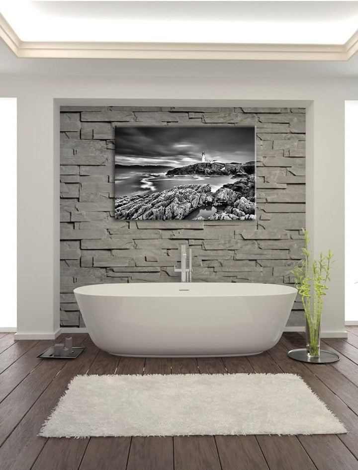 Pixxprint Leuchtturm im Meer / 100x70cm Leinwandbild bespannt auf Holzrahmen/Wandbild Kunstdruck Dek