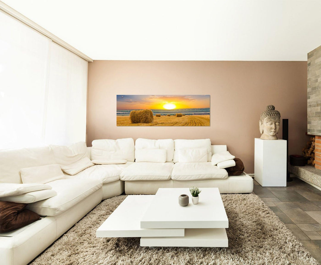 Paul Sinus Art Panoramabild auf Leinwand und Keilrahmen 150x50cm Feld Strohballen Herbst Sonnenunter