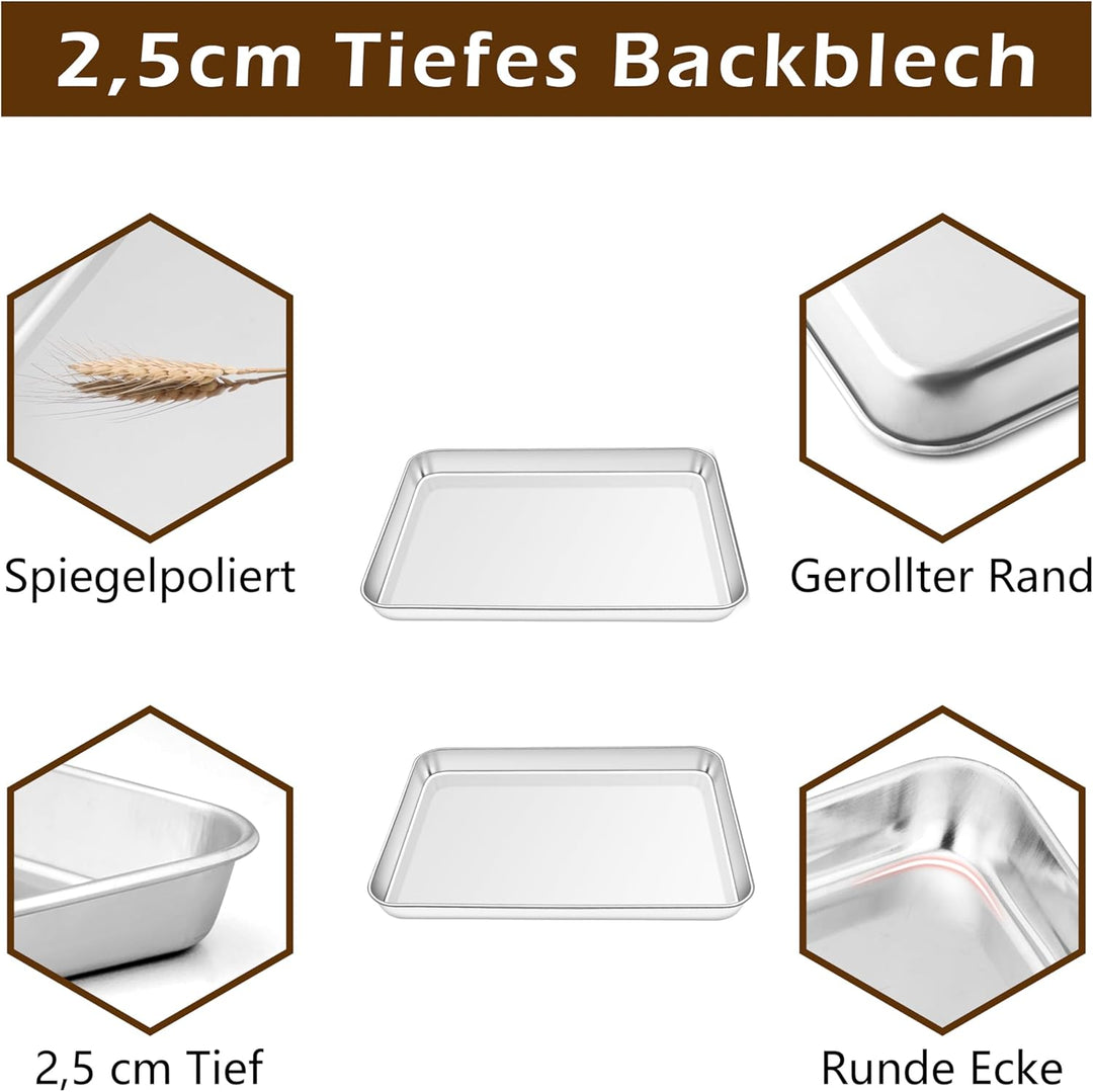 Homikit Backblech 2er Set, Klein Edelstahl Kuchenblech Backofenblech, Rechteckige Ofenblech Fettpfan