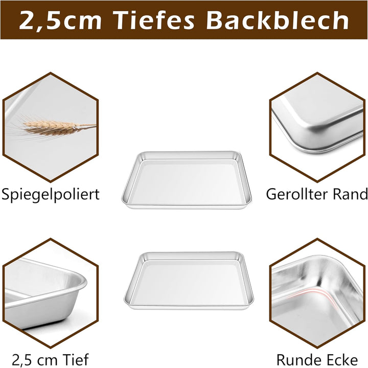 Homikit Backblech 2er Set, Klein Edelstahl Kuchenblech Backofenblech, Rechteckige Ofenblech Fettpfan