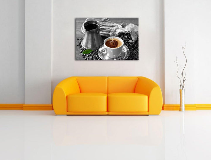 Dampfender Kaffe mit Kännchen schwarz/weiss Format: 100x70 auf Leinwand, XXL riesige Bilder fertig g