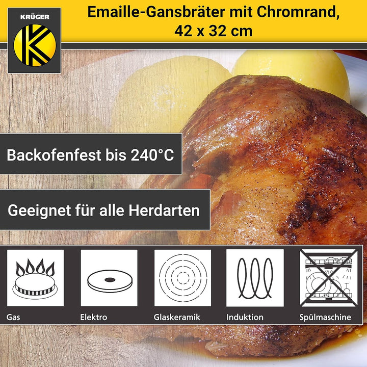 Krüger Emaille-Gansbräter mit Tropfdeckel - hochwertiger Bräter - für alle Herdarten geeignet - herv