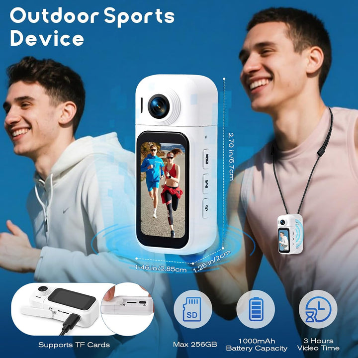 360° Mini Action Kamera mit Touchscreen, Action Body Cam, 30m Wasserdicht, 8h Akku, 120° Weitwinkel,