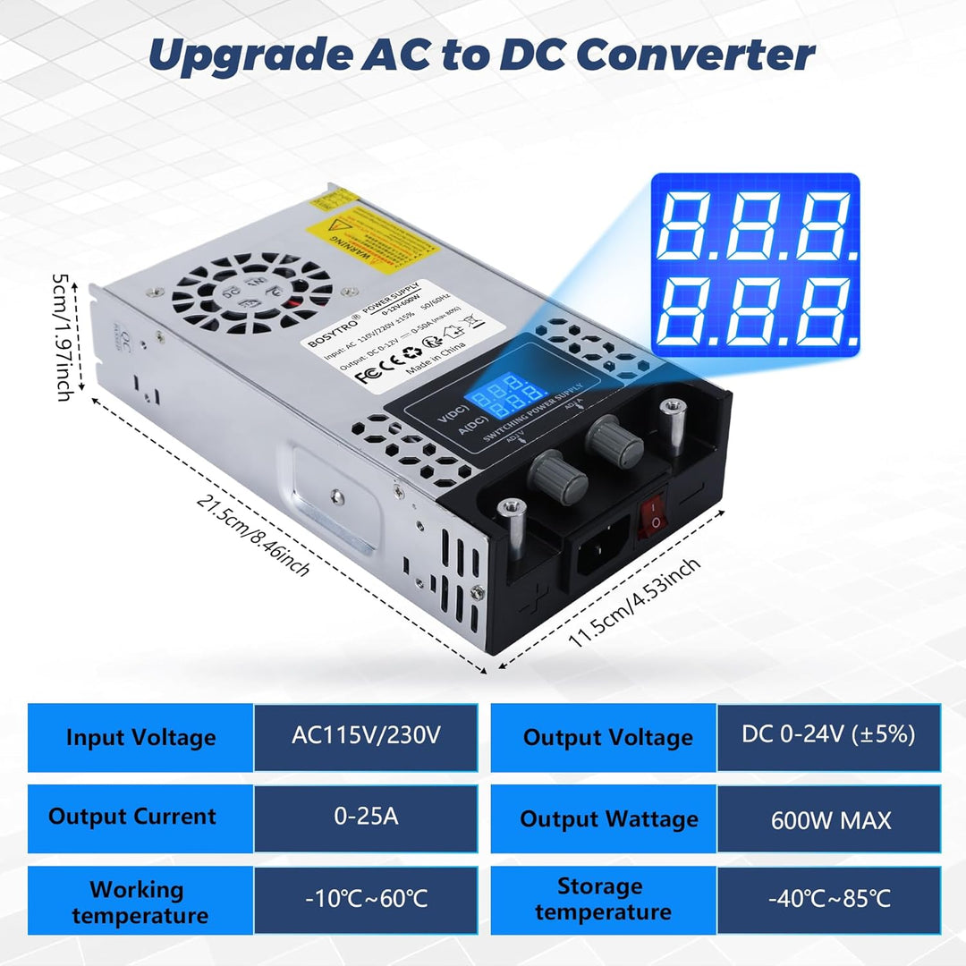 BOSYTRO Regelbares Netzteil 0-24V 0-25A 600W Schaltnetzteil Trafo 230v auf 24v Netzteil Transformato