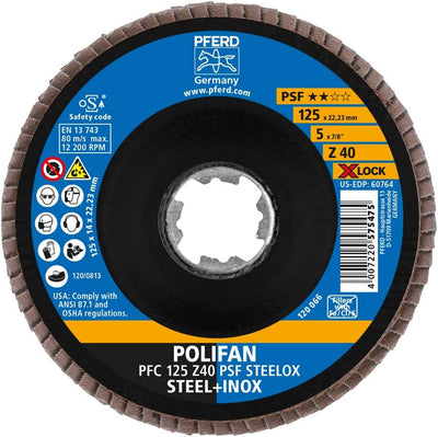 PFERD Fächerscheibe POLIFAN, 125mm, Z40, X-LOCK (22,23 mm), PSF STEELOX, 67664126 – für hohe Wirtsch