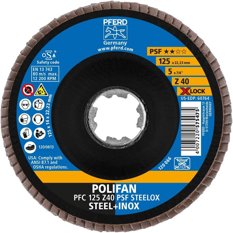 PFERD Fächerscheibe POLIFAN, 125mm, Z40, X-LOCK (22,23 mm), PSF STEELOX, 67664126 – für hohe Wirtsch