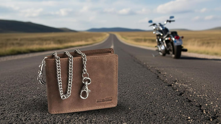braune Geldbörse mit Kette im hochwertigen Leder Büffelleder Bikerbörse braun mit Kette Geldbeutel m