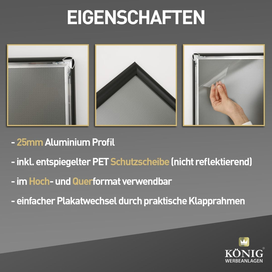 Dreifke Plakatrahmen DIN A2 | 25mm Alu Profil, eckig | schwarz | inkl. entspiegelter Schutzscheibe |