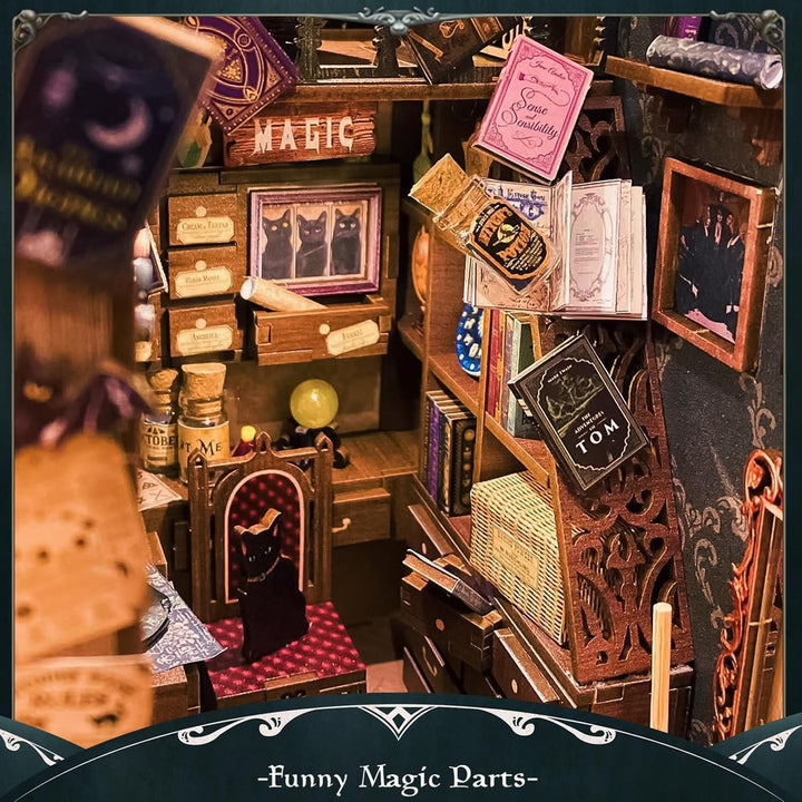 Fsolis Book Nook DIY,Puppenhaus Miniatur Haus Kit mit Holz Möbeln und LED-Licht,Bücherecke Bücherreg