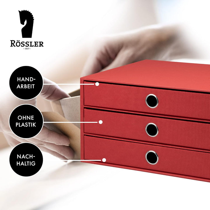 Rössler 1524452363 - S.O.H.O. 3er Schubladenbox für DIN A4, mit Griffloch, Rot, 343 x 250 x 185 mm,