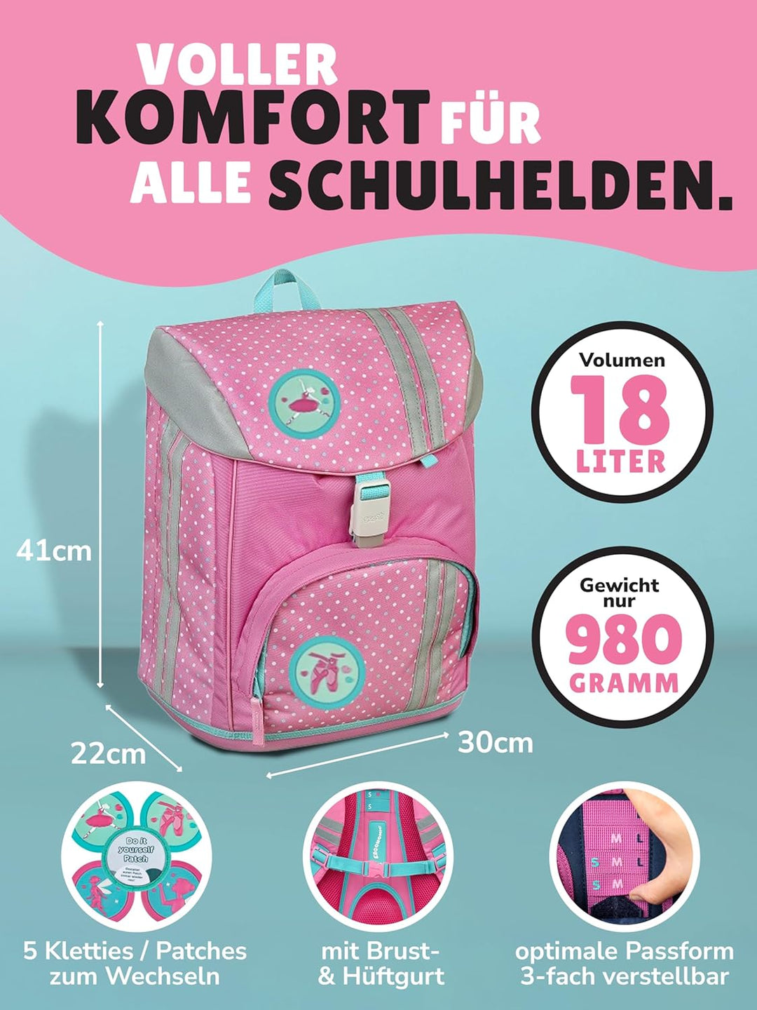 Familando Mädchen Schulranzen 1. Klasse Schul-Rucksack Set sehr leicht 8-tlg. | 3-fach Höhenverstell