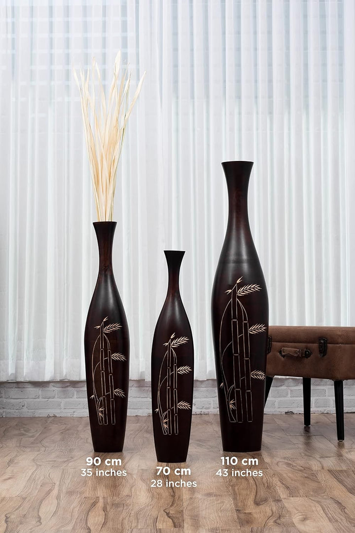 Leewadee Grosse Bodenvase für Dekozweige hohe Standvase Design Holzvase, Holz, 90 cm, Braun, 90 cm