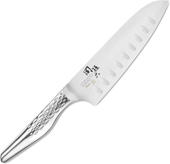 KAI Seki Magoroku Shoso Santoku mit Kullenschliff 16,5 cm mit Klingenschutz 05) Santoku Kulle 16cm,