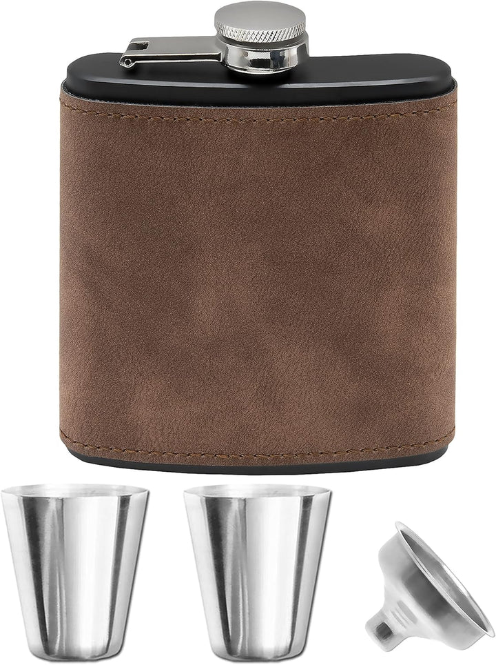 Flachmann-Set, Wild-Leder Optik, 175ml + 2 Schnaps-Becher, Trichter in Geschenk-Box