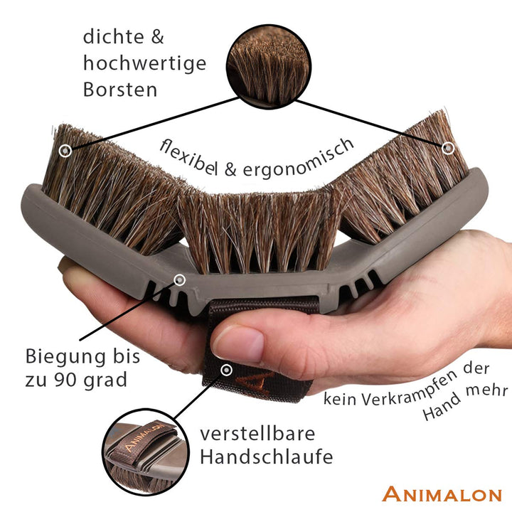 Animalon CareFlex Rosshaar-Kardätsche | Flexible & Ergonomische Pferde-Bürste mit Klettverschluss fü