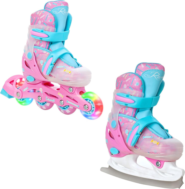 RAVEN 2in1 Schlittschuhe Inline Skates Inliner für Kinder Mädchen LED Leuchträder verstellbar 26-29