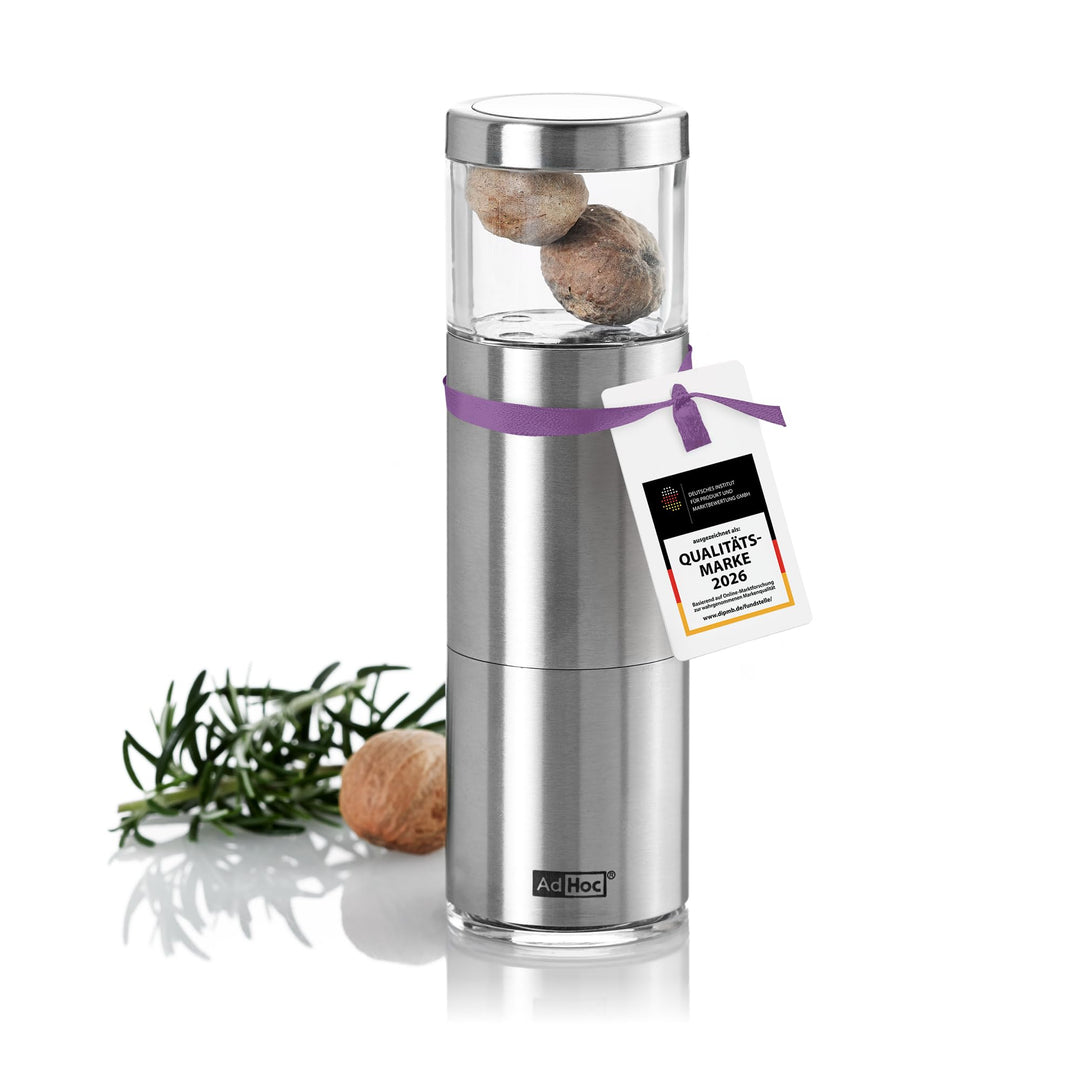 AdHoc Muskatmühle, Design Muskatreibe für ganze Muskatnüsse in Silber | Scharfe PreciseCutDuo Edelst