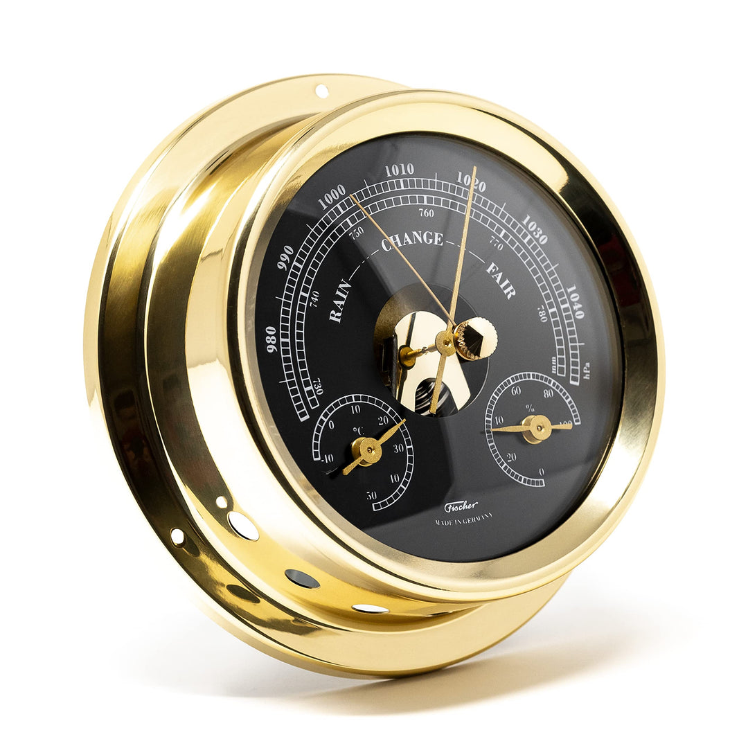Fischer 1508BTH-45.6 – maritime Wetterstation – 125mm Barometer, schwarzes Ziffernblatt, Messing-Geh