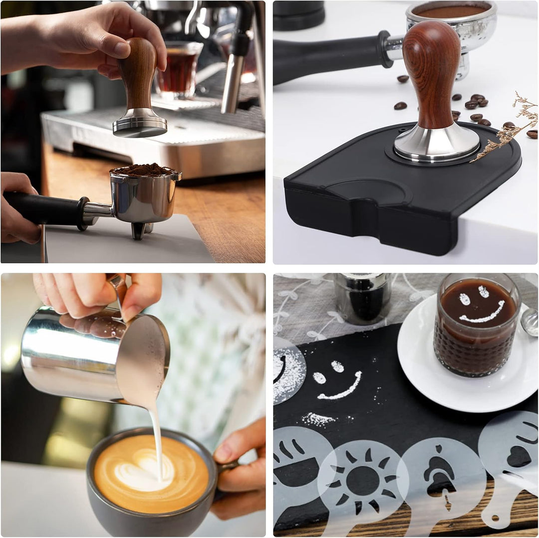 Kaffee Tamper Set 51mm,Espresso 22pcs,- aus Edelstahl Enthält Kaffeedrücker,Ablage,350ml Milchkännch