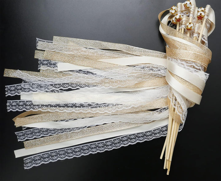30x Wedding Wands Zauberstäbe mit Glocken,Spitzen Luftschlangen Seide Fee Stick,Lace Ivory Ribbon Wa
