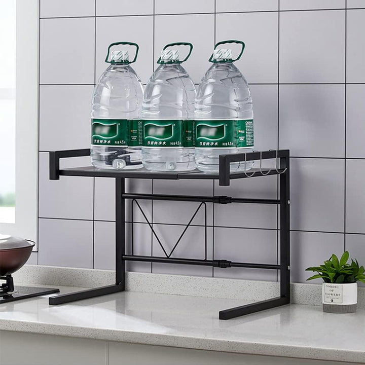 Teleskop-Küchenorganizer aus Edelstahl, Küchenregal mit 3 Haken, Verstellbereich 40-65cm (Schwarz),