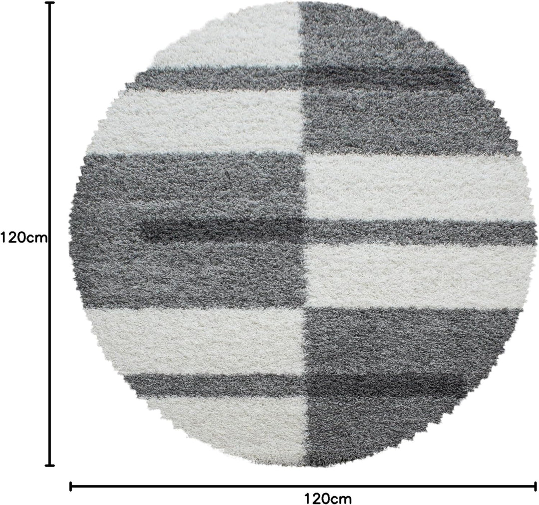 Carpetsale24 Teppich Wohnzimmer Moderne Kariert Design Shaggy Flokati 120 cm Rund Hellgrau-Creme - H