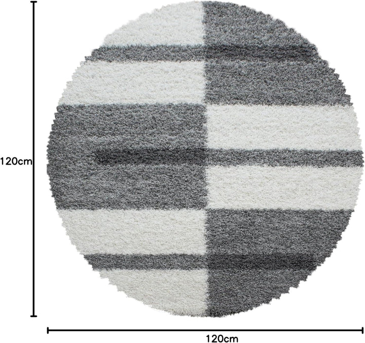 Carpetsale24 Teppich Wohnzimmer Moderne Kariert Design Shaggy Flokati 120 cm Rund Hellgrau-Creme - H