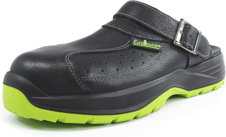 EUROROUTIER Premium Fenix Black Echtes Leder, Clogs, Sicherheitsschuhe, zertifiziert SB A-E-FO SRC,