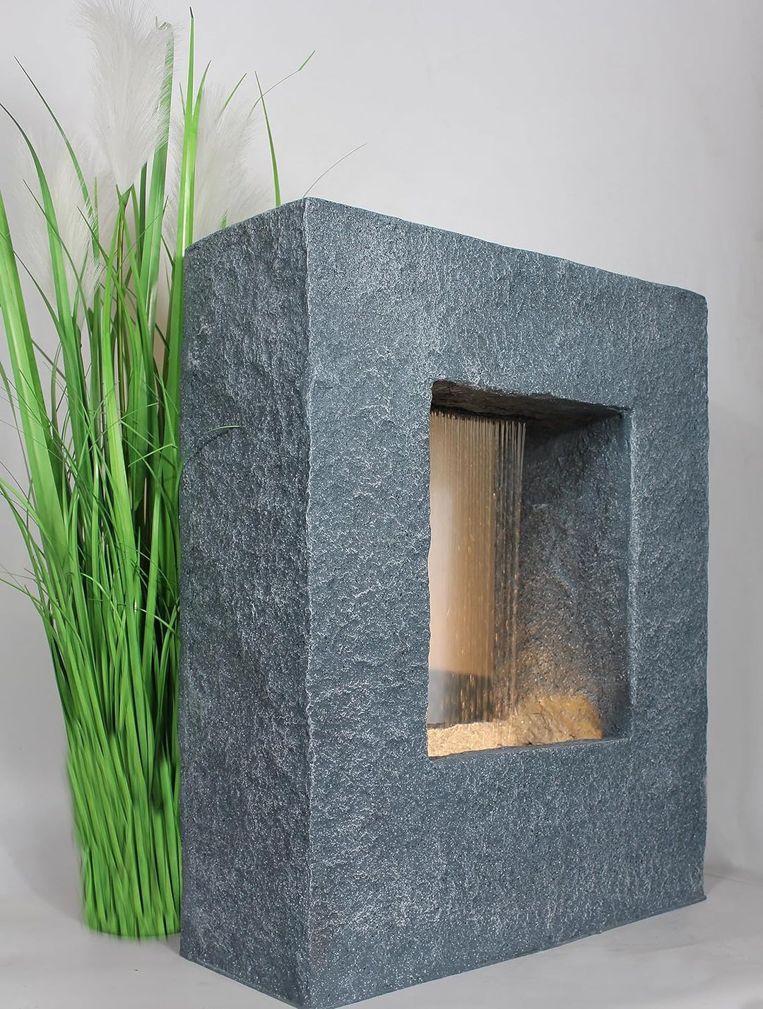 Gartenbrunnen mit LED Beleuchtung 65x53 cm Zimmerbrunnen Brunnen Steinoptik Regen Wasserfall eckig w