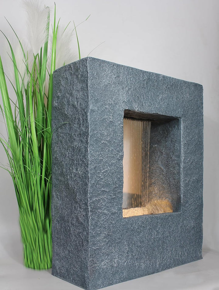 Gartenbrunnen mit LED Beleuchtung 65x53 cm Zimmerbrunnen Brunnen Steinoptik Regen Wasserfall eckig w