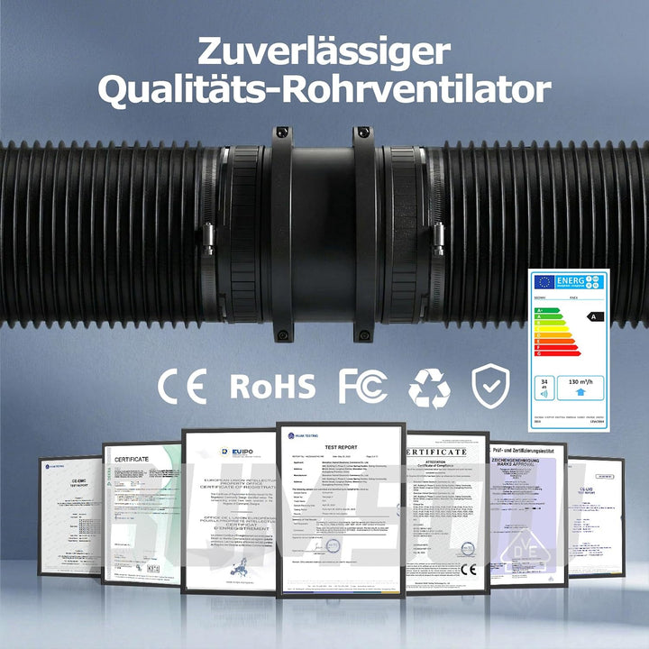 Rohrventilator 100 mm Regelbare Geschwindigkeit, 80-310 m³/h Rauchabzug Ventilator, Rohrlüfter Leise