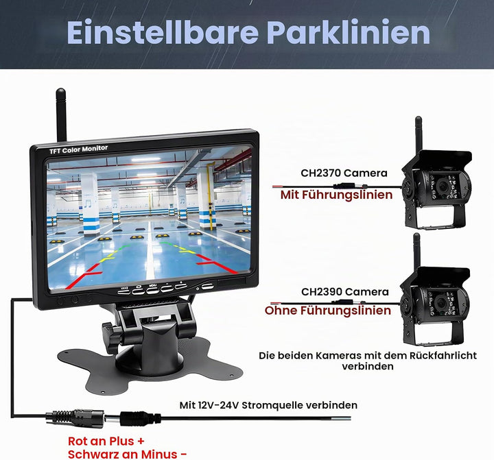 Kabelloses Rückfahrkameraset mit 7-Zoll-Bildschirm und 2 Wireless Rückfahrkameras, Nachtsicht, BSD,