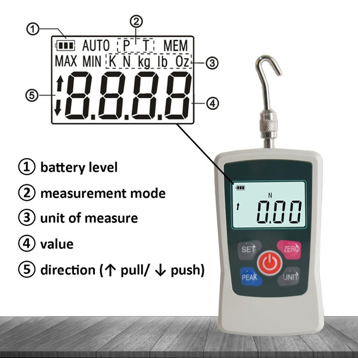 AMF 100N Digitaler Kraftmesser, Tragbares Push-Pull-Messgerät-Tester Digitales Kraftmessgerät mit 3
