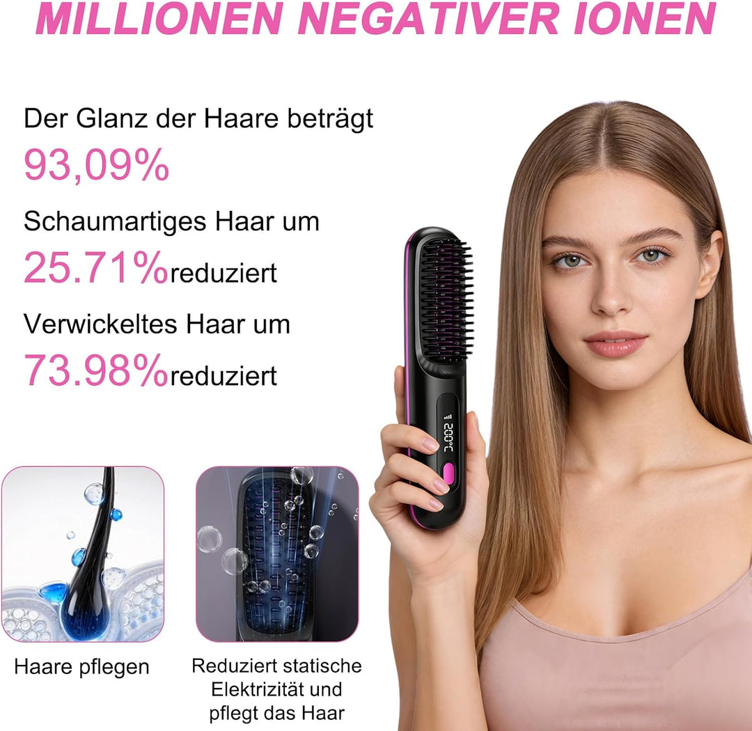 Glättbürste Kabellos - Glättbürste Kabellos mit 3 Wärmestufen, Tragbarer Stylingbürste für Kurze Haa
