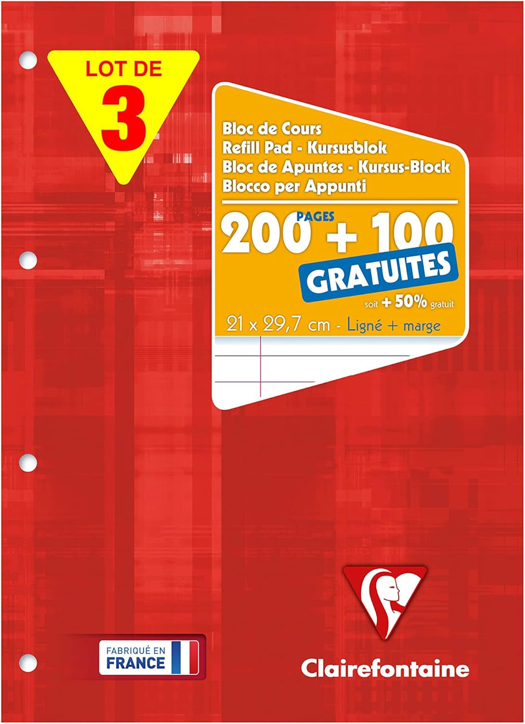 Clairefontaine 65818AMZC - Set mit 3 Kursusblöcken, 150 Blatt, 90g, liniert mit Rand, 4-fach gelocht