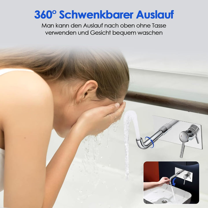ROVOGO Wandmontage Waschtischarmatur Unterputz mit Schutzkappe, 2-Loch Wasserhahn Bad mit 360° Drehb