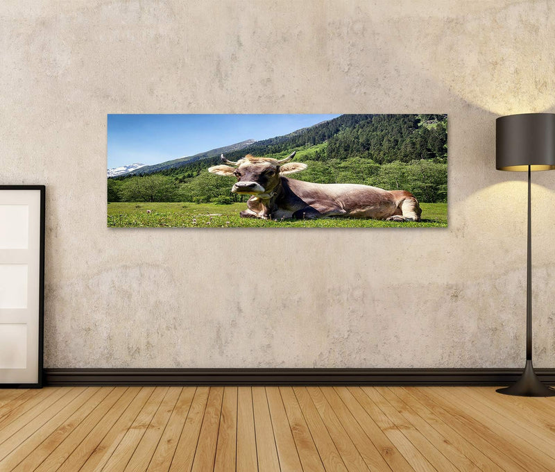 Bild auf Leinwand Kuh An Der Alpen Wandbild Poster Kunstdruck Bilder Format: 120x40cm - Panorama, Fo