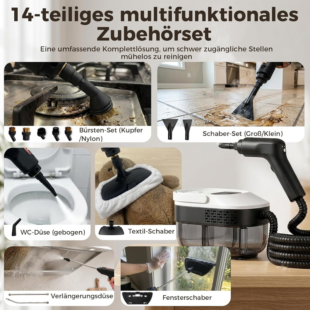 14 IN 1 Dampfreiniger Handgerät 1,6L Tank【100% Natürliche Tiefenreinigung】3 STUFIG Einstellbar Handd