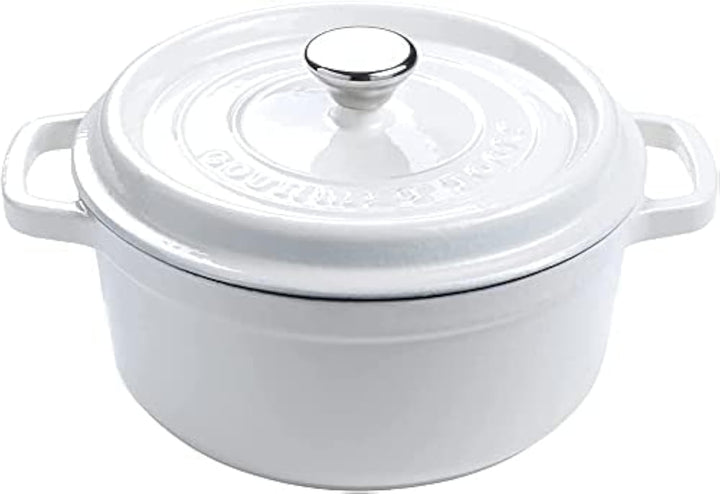 Runder Kochtopf aus Gusseisen mit glasierter Keramikbeschichtung, Cocotte mit Deckel. Gourmet Tools