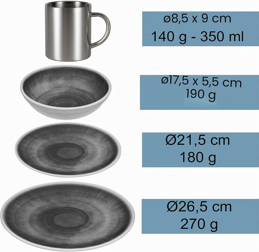 Melamin Geschirr Set Braun mit Edelstahl Thermo Tassen Steingutoptik Spülmaschinengeeignet Essgeschi