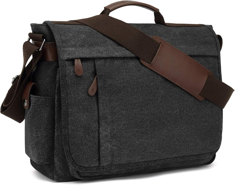 CALIYO Umhängetaschen Herren aus Canvas Schultasche Queformat A4 Laptoptasche für 15,6 Zoll Laptop A