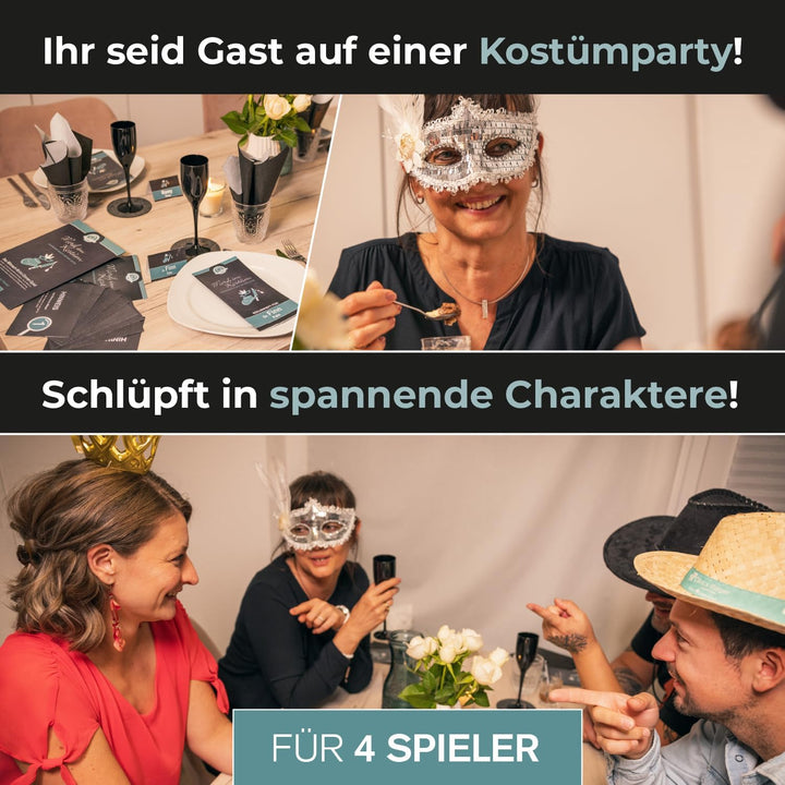 Krimispiel Mord im Kostüm – Champagner-Rausch und eine Leiche – Krimi Dinner Spiel für zuhause für 4