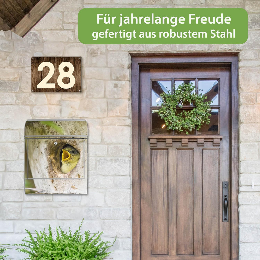 banjado® Design Briefkasten mit Motiv Blaumeise 39x47x14cm &amp; 2 Schlüssel - Briefkasten Stahl Silber