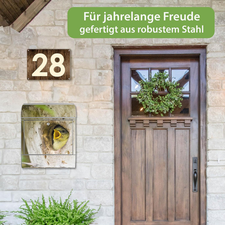 banjado® Design Briefkasten mit Motiv Blaumeise 39x47x14cm &amp; 2 Schlüssel - Briefkasten Stahl Silber
