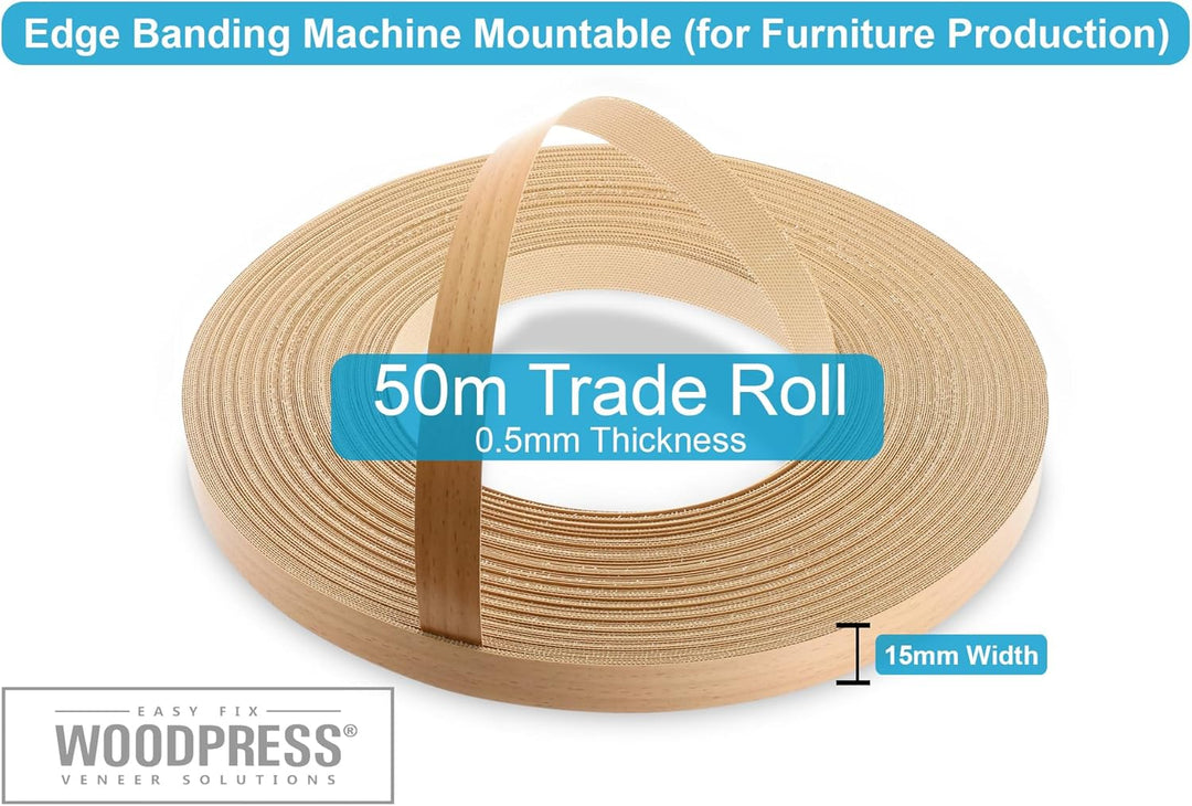 WoodPress® 15mm Buchenholz-Stil Melamin Kantenumleimer mit Schmelzkleber – 50m Industrielle Rolle –
