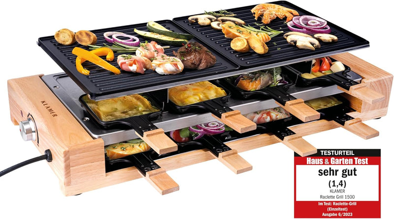 KLAMER Raclette 8 Personen, 1500W Raclette Grill mit Holzgestell, Raclette mit antihaftbeschichteter