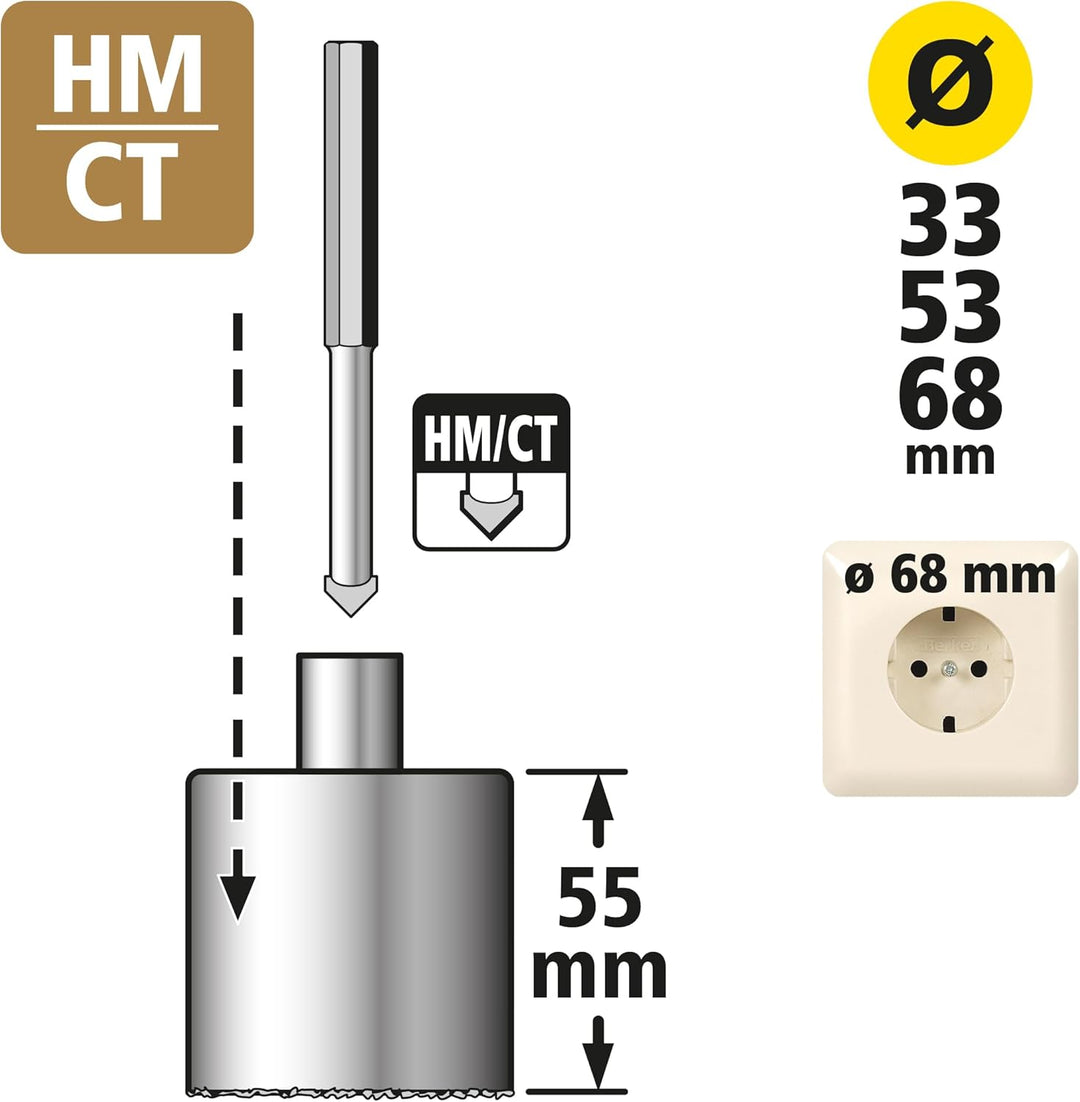 wolfcraft Bohrkroneneinsatz-Set, hartmetallbestreut, 5-tlg. I 1003000 I Für Mauerwerk und Stein, Ø 3