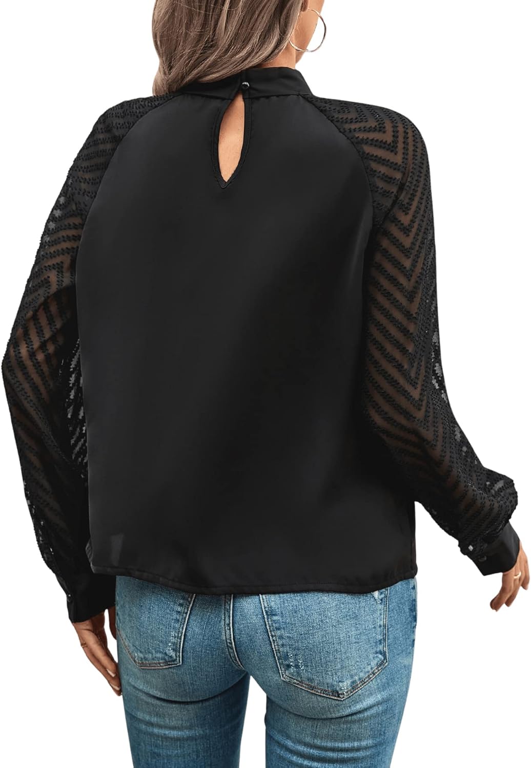 GORGLITTER Damen Blusen Elegant Mesh Raglanärmel Oberteil Hemdbluse Langarmshirt mit Chevron Mesh XL